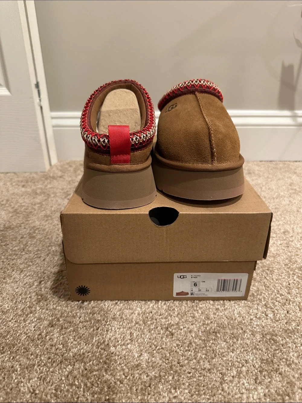 UGG Chestnut Suede Slip-On Mules with Red Accent
